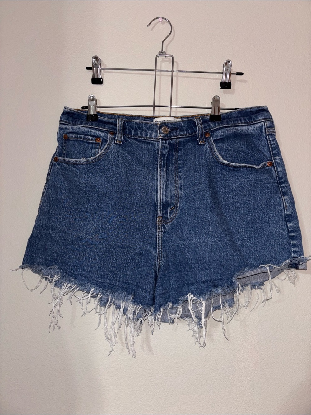 Abercrombie & Fitch Distressed High-Waist Denim Shorts - Blue